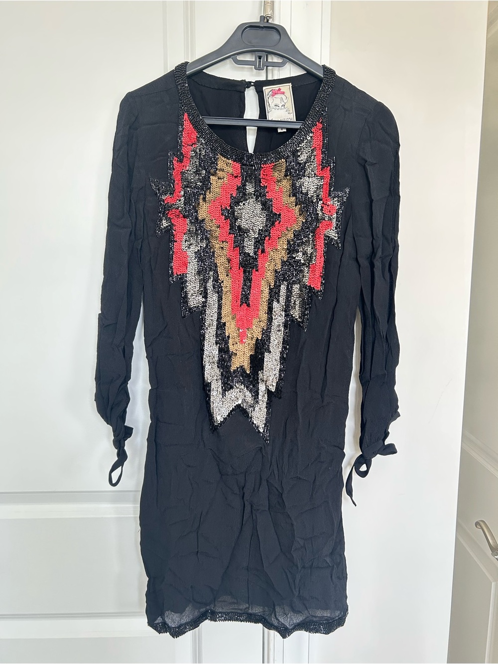 Yoana Baraschi Black Tunic with Coral, Gold and Silver Sequin Embellishment
